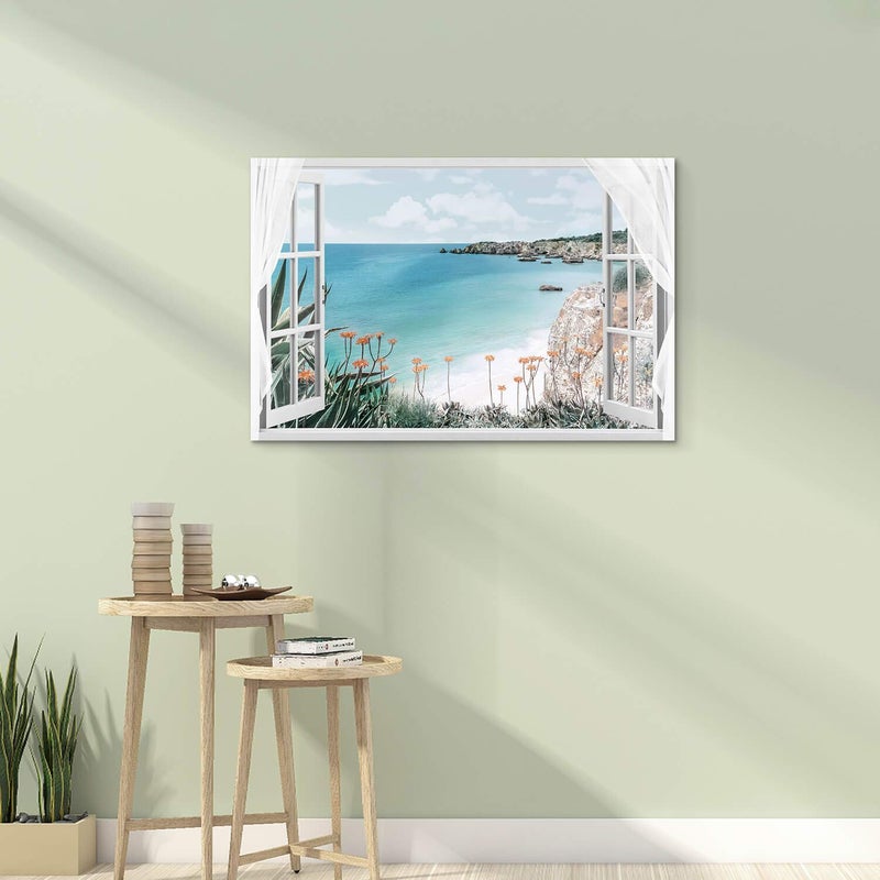 Hardy Gallery Window Canvas Art Sea Picture: Open Window into Blue Ocean with Beach Wall Art Coastal Artwork for Bedroom (36'' x 24'' x 1 Panel) - Image 4
